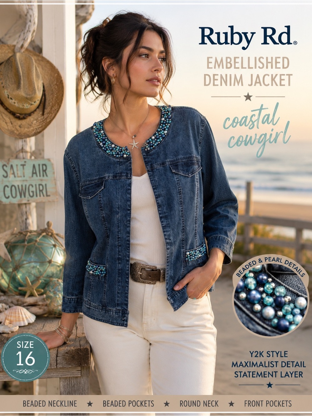 Ruby Rd. Embellished Dark Blue Denim Jacket with Beaded Trim